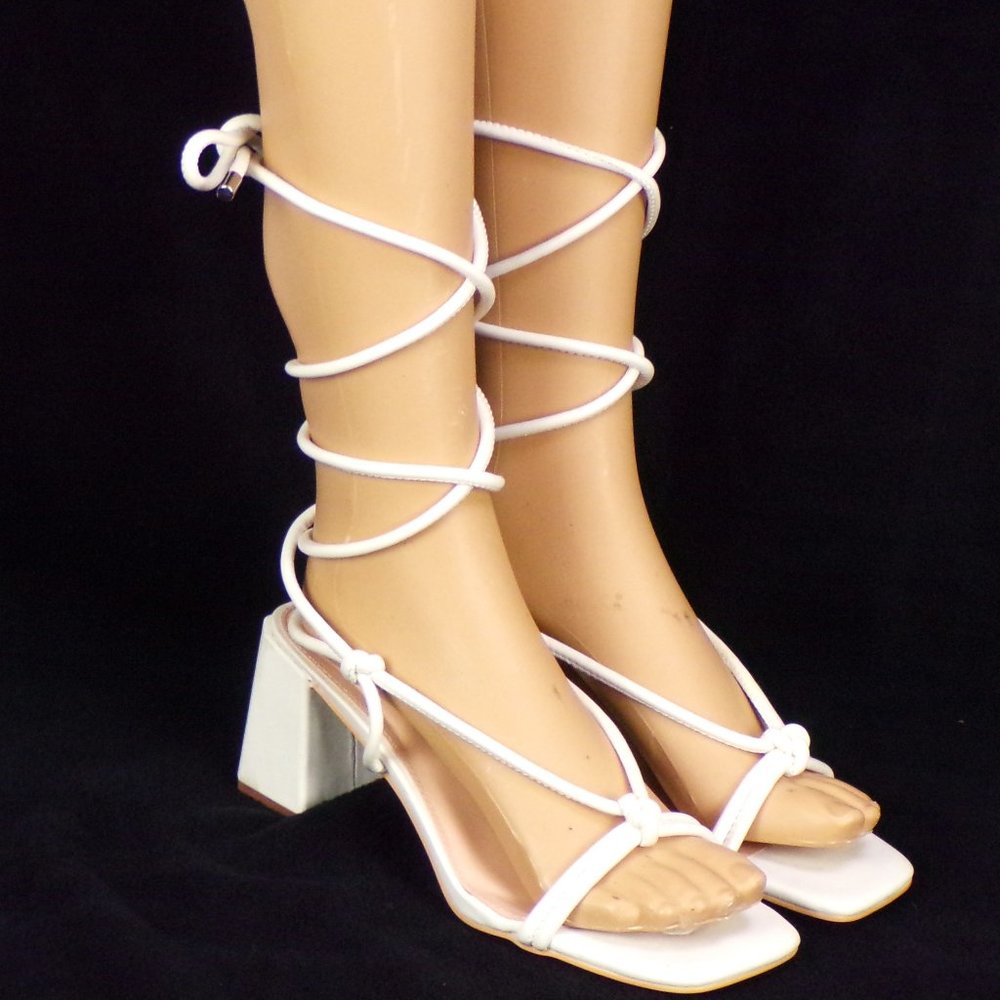 ATHLEFIT size 7 white high-heel block-heel leg-wrap sandals cushioned insoles